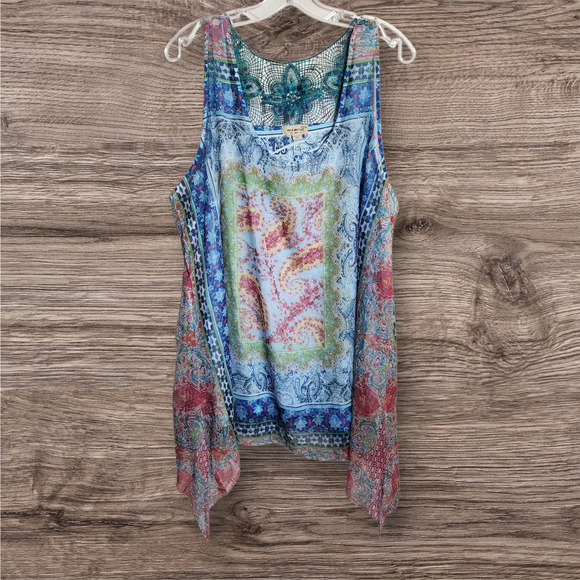 Emerald colorful floral print shark bite hem crochet back blouse woman's size 2X - Picture 1 of 10